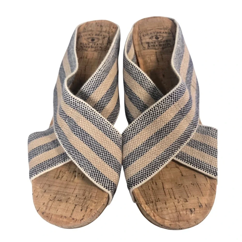 Lucky Brand LK-MILLER2 Striped Cork Wedge Sandals Blue‎ Beige Womens 8.5M